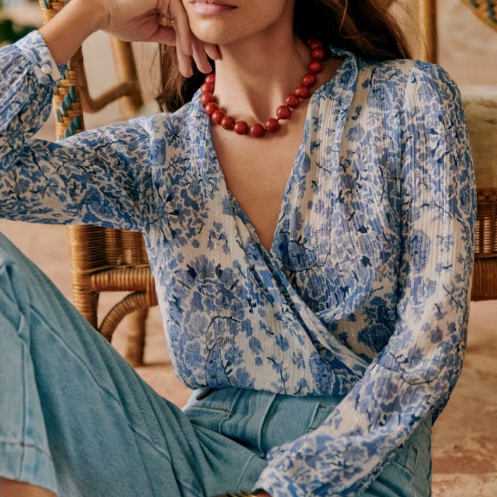 Sezane Abelia Foral Blue Wrap Top in Alacazar